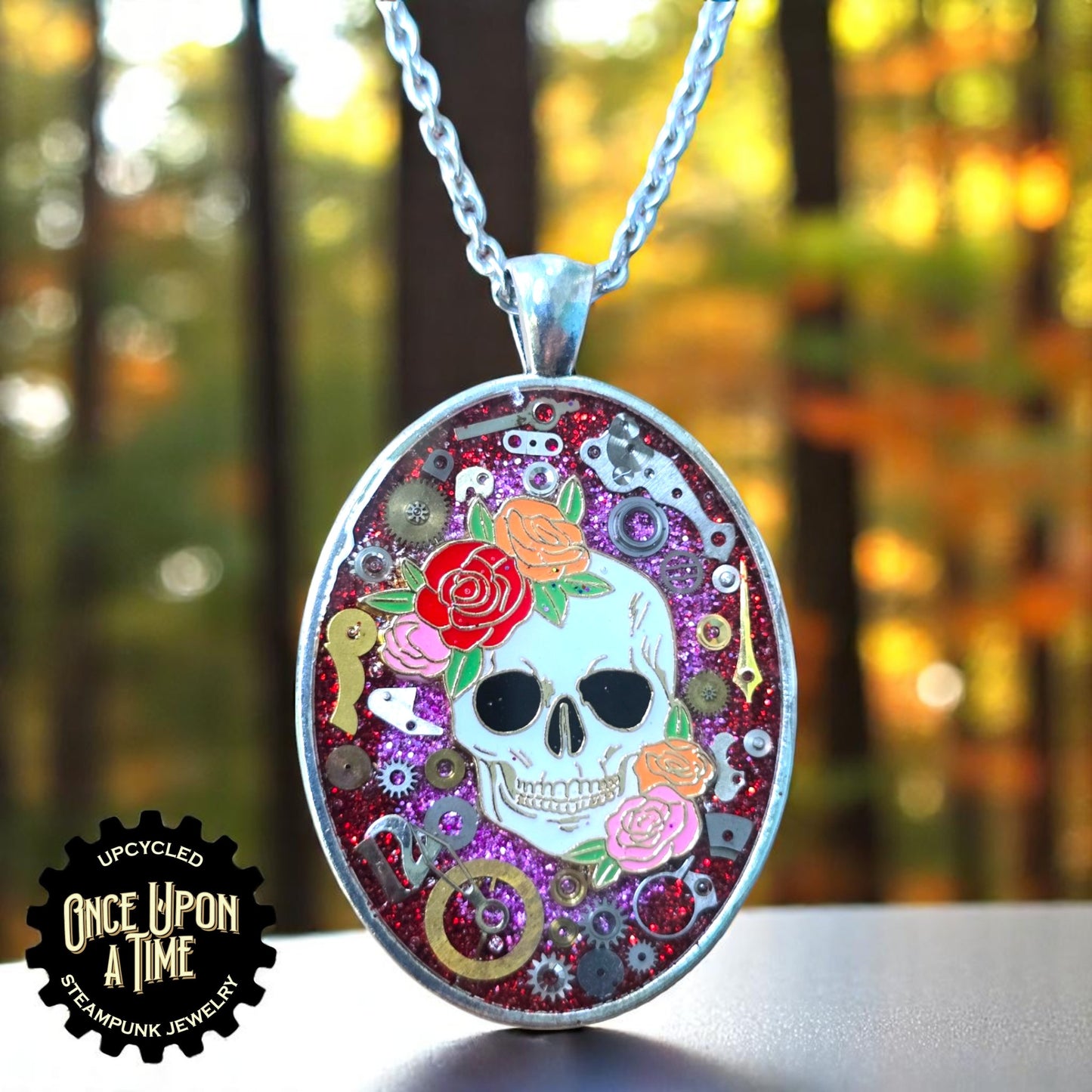 Sugar Skull Rose Calaveritas Oval Watch Part Pendant