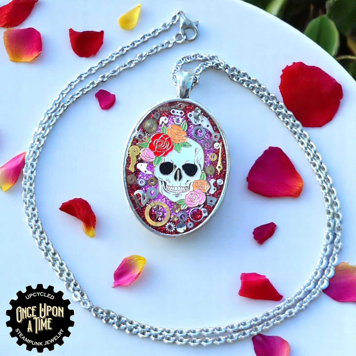 Sugar Skull Rose Calaveritas Oval Watch Part Pendant