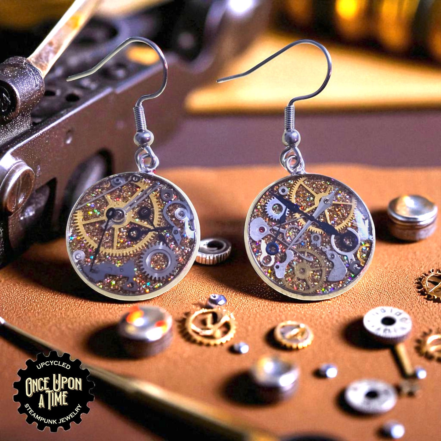 Medium Round Watch Part Dangle Earrings