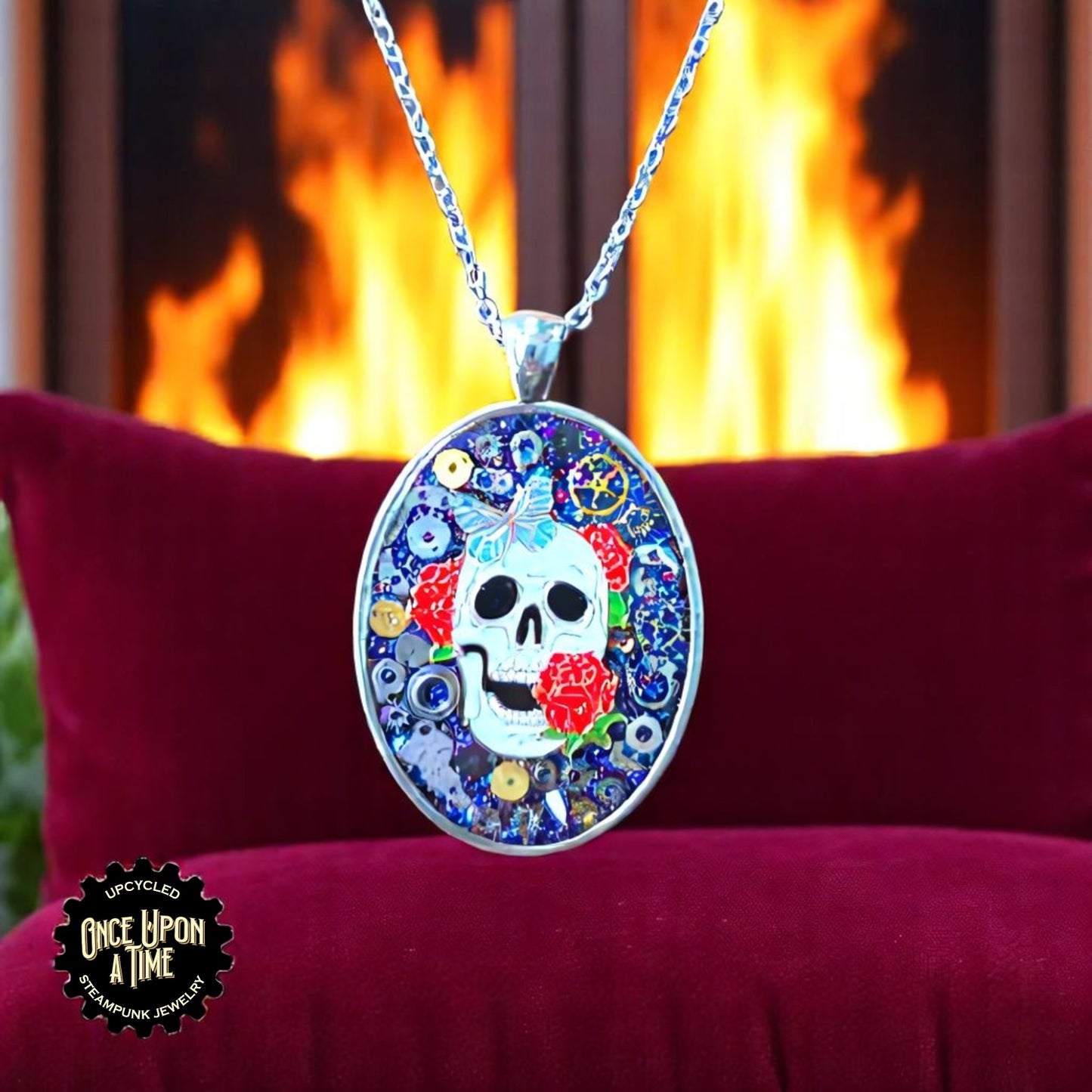 Sugar Skull Butterfly Rose Calaveritas Oval Part Pendant