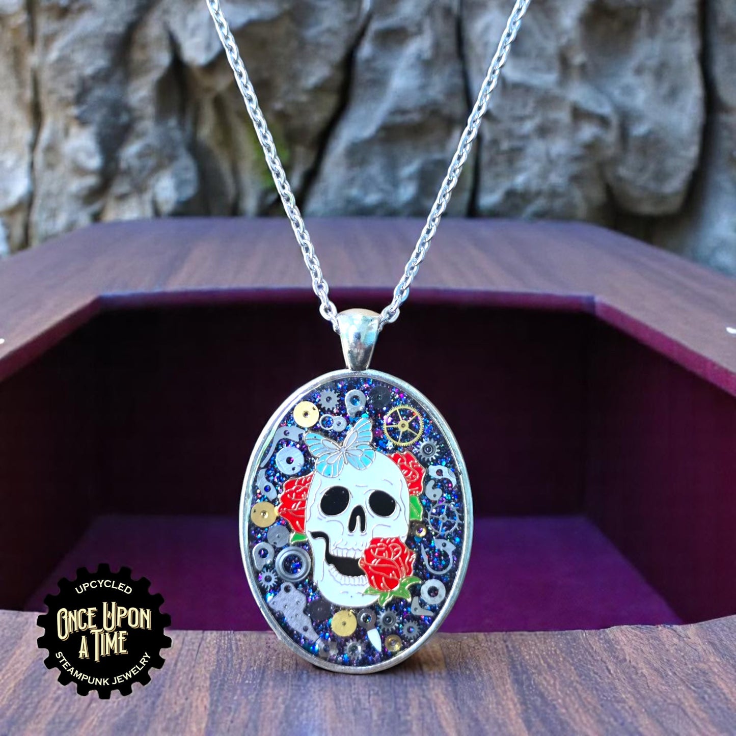 Sugar Skull Butterfly Rose Calaveritas Oval Part Pendant