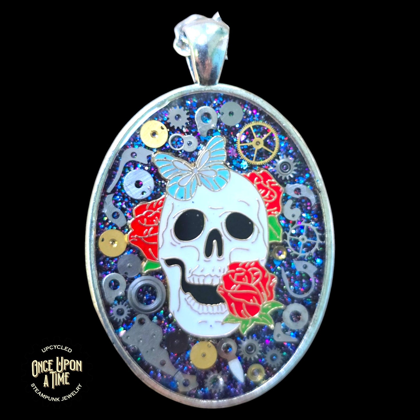 Sugar Skull Butterfly Rose Calaveritas Oval Part Pendant