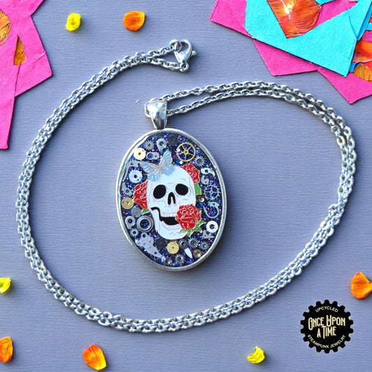 Sugar Skull Butterfly Rose Calaveritas Oval Part Pendant