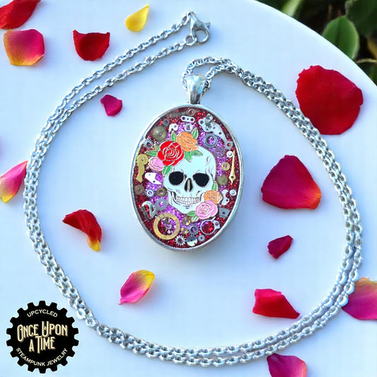Sugar Skull Rose Calaveritas Oval Watch Part Pendant